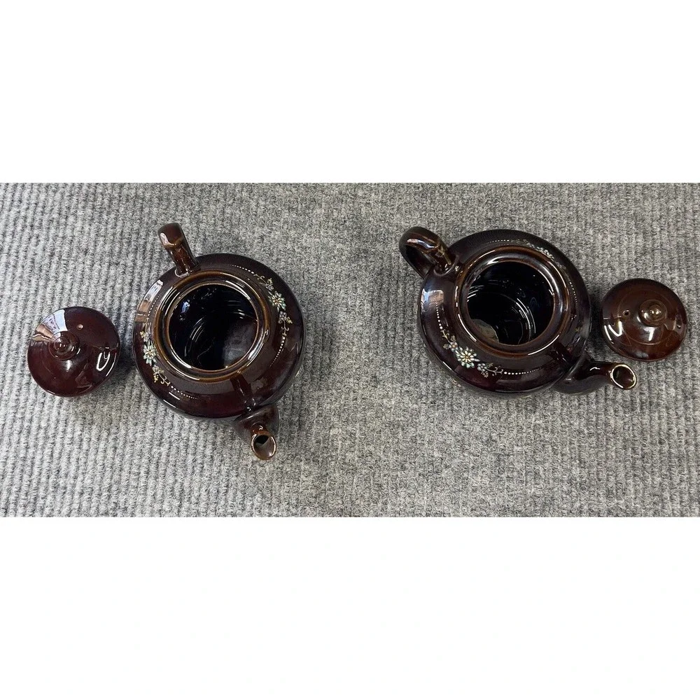 Redware Teapots Dark Brown HandPainted  Moriage Enamel Floral Japan Set Of 2 VTG